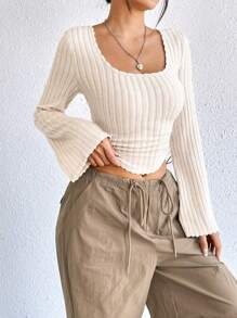 SHEIN EZwear Ren Mộc nhĩ Tay áo kèn  Viền không đối xứng Áo phông Crop - Màu Khaki - Xem 4