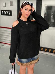 Flirla 大碼挖肩插肩袖套頭毛衣 - 黑色 - 查看 1