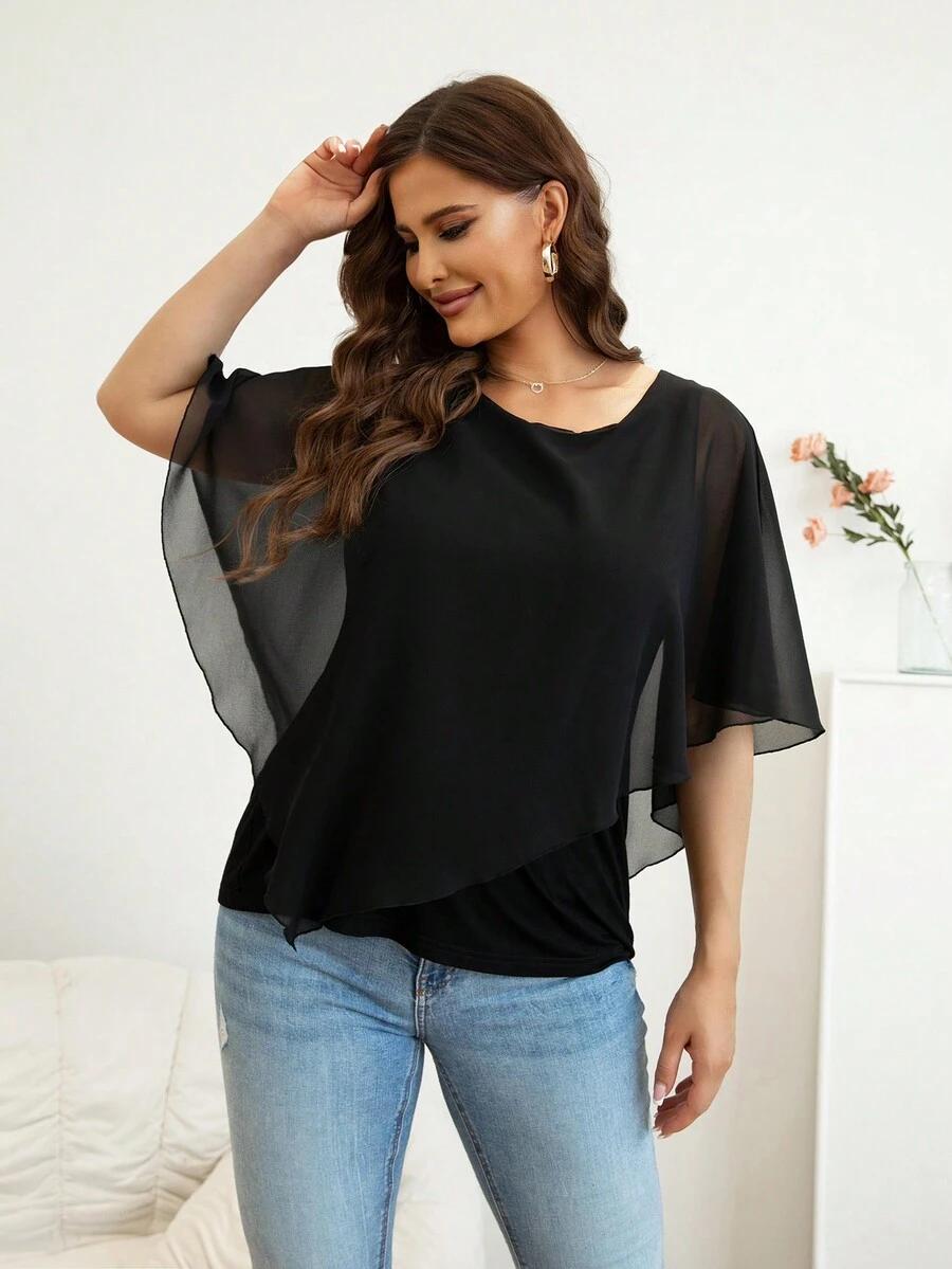 AAmilife Plus Size Solid Batwing Sleeve Top Black Summer - Black - View 1