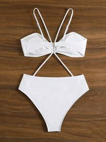 SHEIN Swim Women's Rhinestone Decorated Circular Design Hollow Out One-Piece Swimsuit, For Summer Beach Vacation - White - View 4