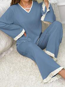 撞色饰边荷叶边袖荷叶边下摆睡衣套装/睡衣套装 - 藍色 - 查看 3