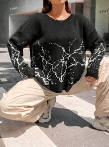 Flirla 加大码印花落肩针织套头衫秋冬毛衣 - 黑與白 - 查看 4