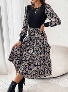 SHEIN Frenchy Vestido con estampado floral de manga farol bajo con fruncido - Negro - Ver 1