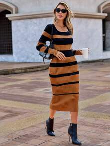 SHEIN Clasi 條紋圖案大圓領毛衣洋裝 - 卡其色 - 查看 5