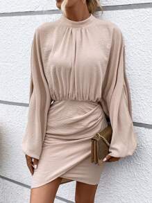 SHEIN Privé Mock Neck Batwing Sleeve Ruched Wrap Hem Dress - Khaki - View 5