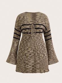 SHEIN ICON 大碼段染條紋圖案前繫帶落肩袖開襟衫 - 卡其色 - 查看 2