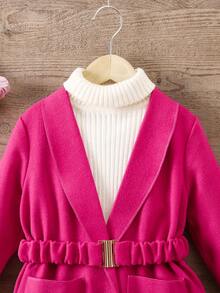 SHEIN Young Girl 1pc Shawl Collar Dual Pocket Belted Overcoat - Hot Pink - View 6