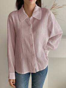 DAZY Solid Color Textured Fabric Shirt,Fall Clothes Preppy Tops Long Sleeve Top - Pink - View 4