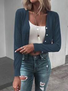 SHEIN LUNE 素色前紐扣短款開衫 - 藏蓝色 - 查看 3