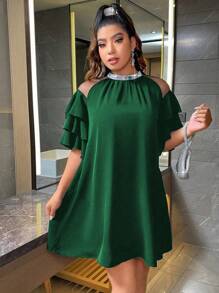 Celure Talla grande Vestido ribete con fruncido de hombros descubiertos - Verde Oscuro - Ver 3