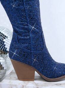 SHUZIA Bestseller Women's Luxury Rhinestone OTK Deep Blue Cowboy Boots:Mysterious Elegance, Noble Classic, Versatile&Sexy Mother's Day Present