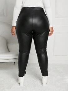 SHEIN CURVE+ Kích thước lớn Đàn hồi chất liệu da PU Của phụ nữ Xà cạp Quần , Mùa Đông - màu đen - Xem 2