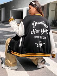 Flirla 大碼標語圖案條紋飾邊落肩袖雙色學院風夾克 - 黑與白 - 查看 5