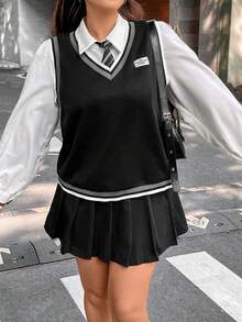 Flirla Plus 1pc Letter Patched Striped Trim Tank Top - Black - View 3