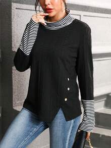 Striped Pattern Button Detail Sweater - White - View 4