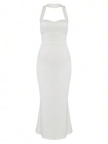 Sweetheart Halter Mermaid Satin Prom Party Gown In White,Bridesmaid Dress Wedding - White - View 9