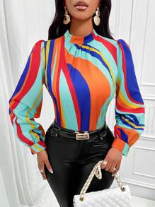 SHEIN Slayr 撞色小高領燈籠袖襯衫 - 寶藍色 - 查看 1