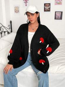 Flirla Plus Mushroom Embroidery Drop Shoulder Cardigan - Black - View 3