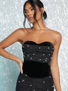 SHEIN BAE Top bandeau con cuenta de perla bajo asimétrico fruncido - Negro - Ver 6