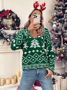 SHEIN LUNE 圣诞图案扭结露背落肩针织套头衫秋冬毛衣 - 綠色 - 查看 6
