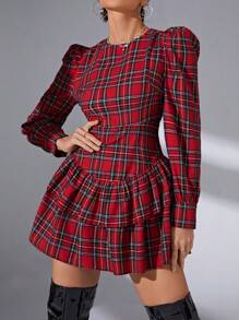 SHEIN Essnce Tartan Print Ruffle Hem Dress - Red - View 6