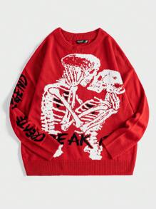 SHEIN EZwear 大碼骷髏&字母圖案套頭毛衣 - 酒紅色 - 查看 4