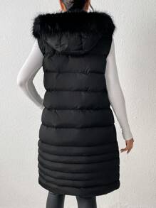 SHEIN Frenchy 毛茸邊連帽羽絨背心大衣 - 黑色 - 查看 2