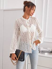 GENKIRA Hollow Out Button Front Shirt - Apricot - View 6
