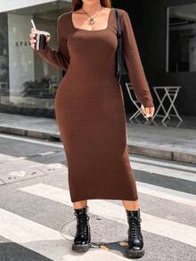 Flirla 大碼方領毛衣洋裝 - 棕色 - 查看 7