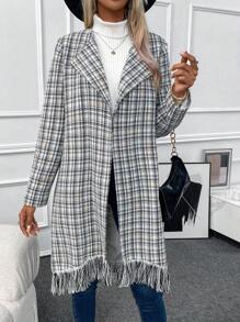 SHEIN LUNE Mantel mit Plaid Muster, Fransen, offener Front, - Schwarz und Weiss - Übersicht 4