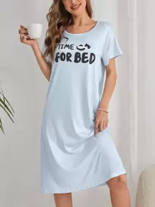 熊貓和標語圖案睡裙 - 淺藍色 - 查看 2