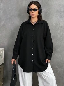 SHEIN EZwear Plus Letter Graphic Drop Shoulder Shirt - Black - View 4