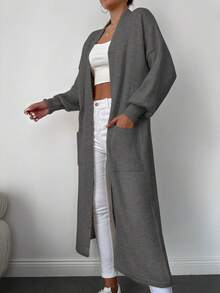 EURMUSE Dual Pocket Drop Shoulder Longline Duster Cardigan - Dark Grey - View 5