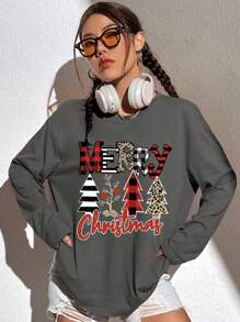 INAWLY 圣诞印花落肩 T 恤 图案 T 恤 女式上衣 - 灰色 - 查看 5