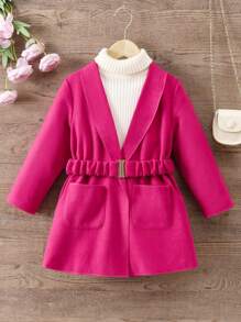 SHEIN Young Girl 1pc Shawl Collar Dual Pocket Belted Overcoat - Hot Pink - View 1