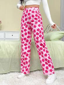 SHEIN EZwear Allover Floral Print Straight Leg Pants - Multicolor - View 5