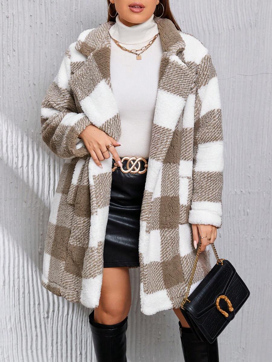 SHEIN Clasi 大碼格紋印花開門襟絨毛外套 - 杏色 - 查看 1