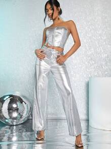SHEIN BAE Top bandeau de color metálico con pantalones - Plateado - Ver 1