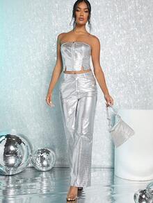 SHEIN BAE Top bandeau de color metálico con pantalones - Plateado - Ver 4