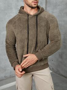 Manfinity Homme 男式鬆身法蘭絨連帽衫,插肩袖設計,束口帶 - 綠色 - 查看 1