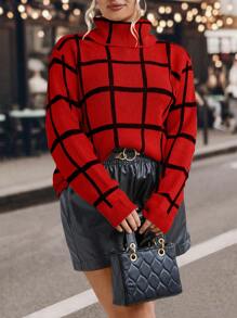 SHEIN LUNE Plus Plaid Pattern Turtleneck Drop Shoulder Sweater - Red - View 6