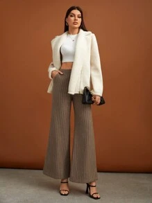 SHEIN Tall High Waist Striped Flare Leg Pants - Khaki - View 5