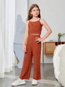 SHEIN Cô gái Tween 1 Miếng Túi Kép Mở Mặt trước áo & 1 Miếng Cami ngọn & 1 Miếng Quần - Rỉ Nâu - Xem 5