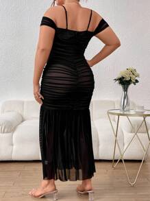 SHEIN Privé Hơn Vai lạnh Xù Nàng tiên cá Hem Váy lưới che phủ - màu đen - Xem 2