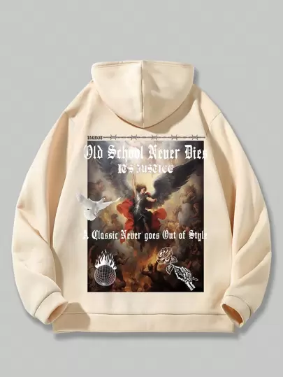 ROMWE MEN Street Life Herr Text & Figur Grafik Känguruficka Dragsko Termisk Hoodie