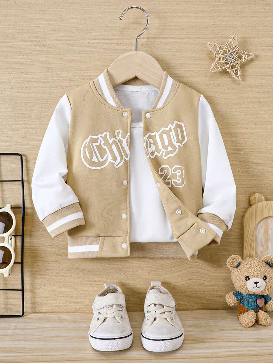 SHEIN Baby Boy Letter Graphic Striped Trim Varsity Jacket Without Tee - Multicolor - View 1
