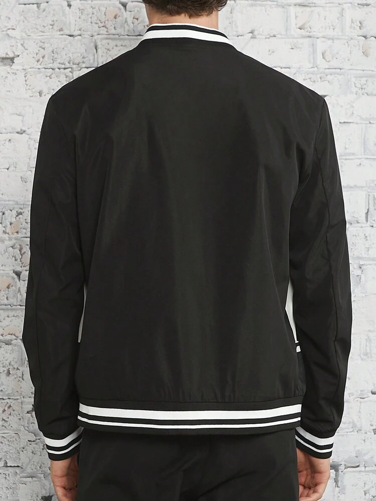 Loose Men Letter Graphic Striped Trim Jacket, For Fall Winter