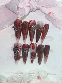 ROMWE Goth 10入組長款風格手工假指甲,隨機圖案,包括果凍膠