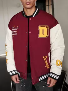 Aesthetic Post--Loose Fit Men's Slogan Graphic Colorblock Varsity Jacket With Striped Trim For Winter - Red - View 4