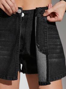 Denimoi Casual Split Front Overlay Ripped Denim Skort - Dark Wash - View 5